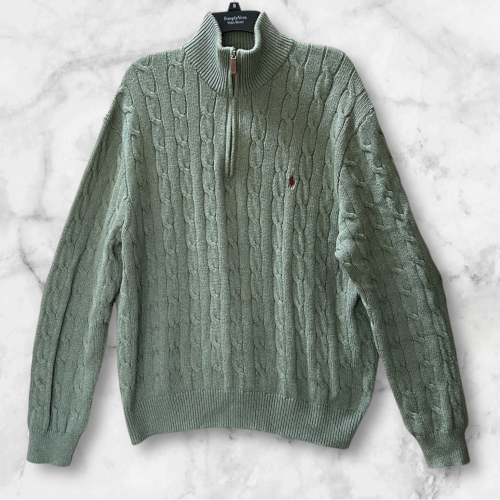 Ralph Lauren Polo Half Zip Cable Knit Sweater Logo Size XL - Picture 2 of 10